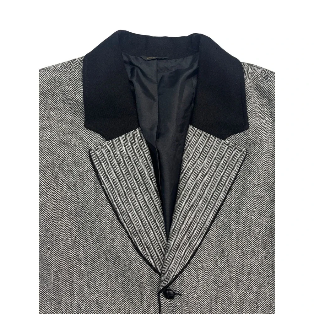 vtg Pioneer Wear Large Gray Herringbone Tweed Western Overcoat Velvet Blazer USA